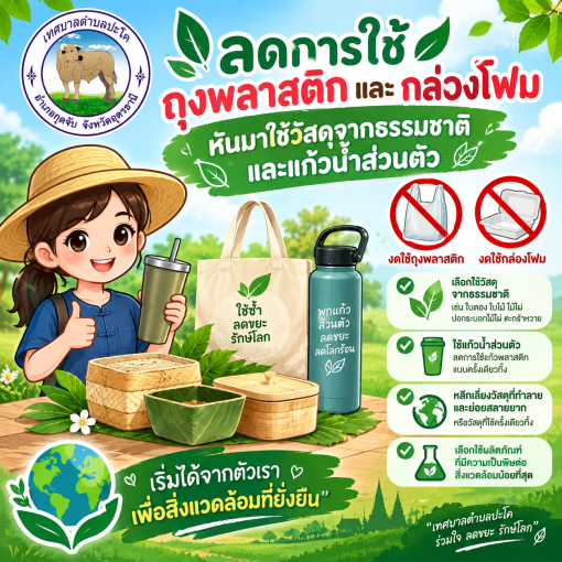 ขอเชิญชวนประชาชน ร้านค้า ผู้ประกอบการ ร่วมกันลดหรือเลิกใช้โฟมและบรรจุภัณฑ์พลาสติกชนิดใช้ครั้งเดียวทิ้ง (Single – use plastic) เพื่อช่วยลดปริมาณขยะ ลดมลพิษ และรักษาสิ่งแวดล้อม